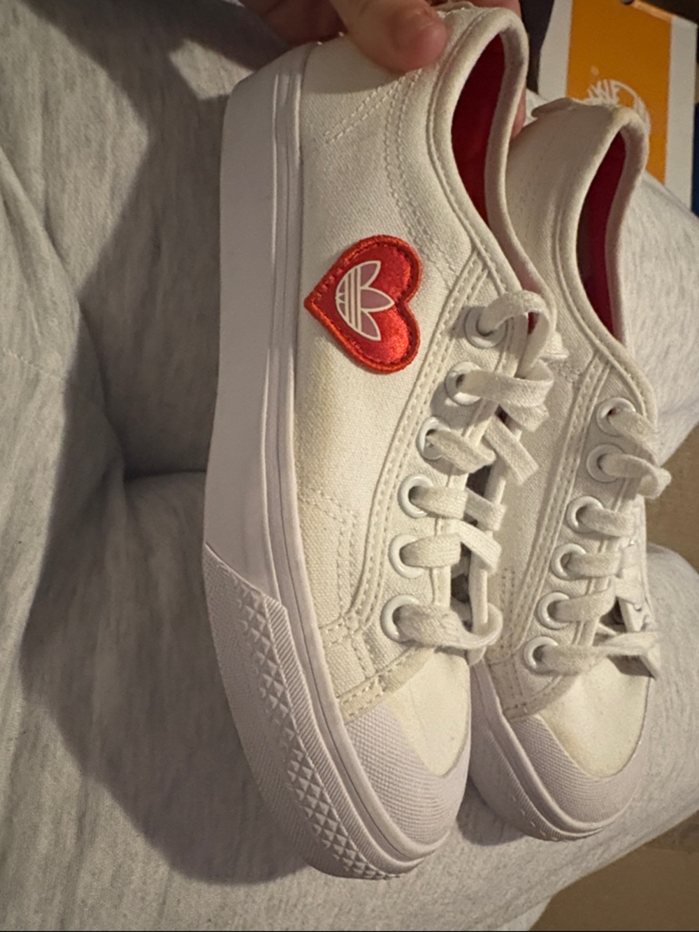 adidas White Canvas Low-Top Sneakers with Red Heart Accent